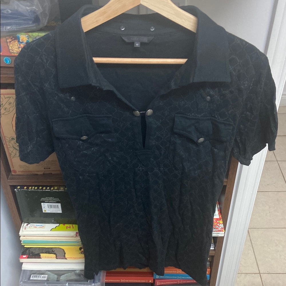 Vintage Japanese Style Men's Black Short Sleeve Pattern Shirt